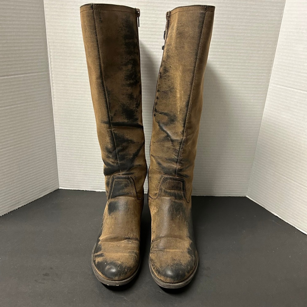 Nicole Ducky Tall Boots Women 7.5M Brown Good Distressed Lace Up Back Zip